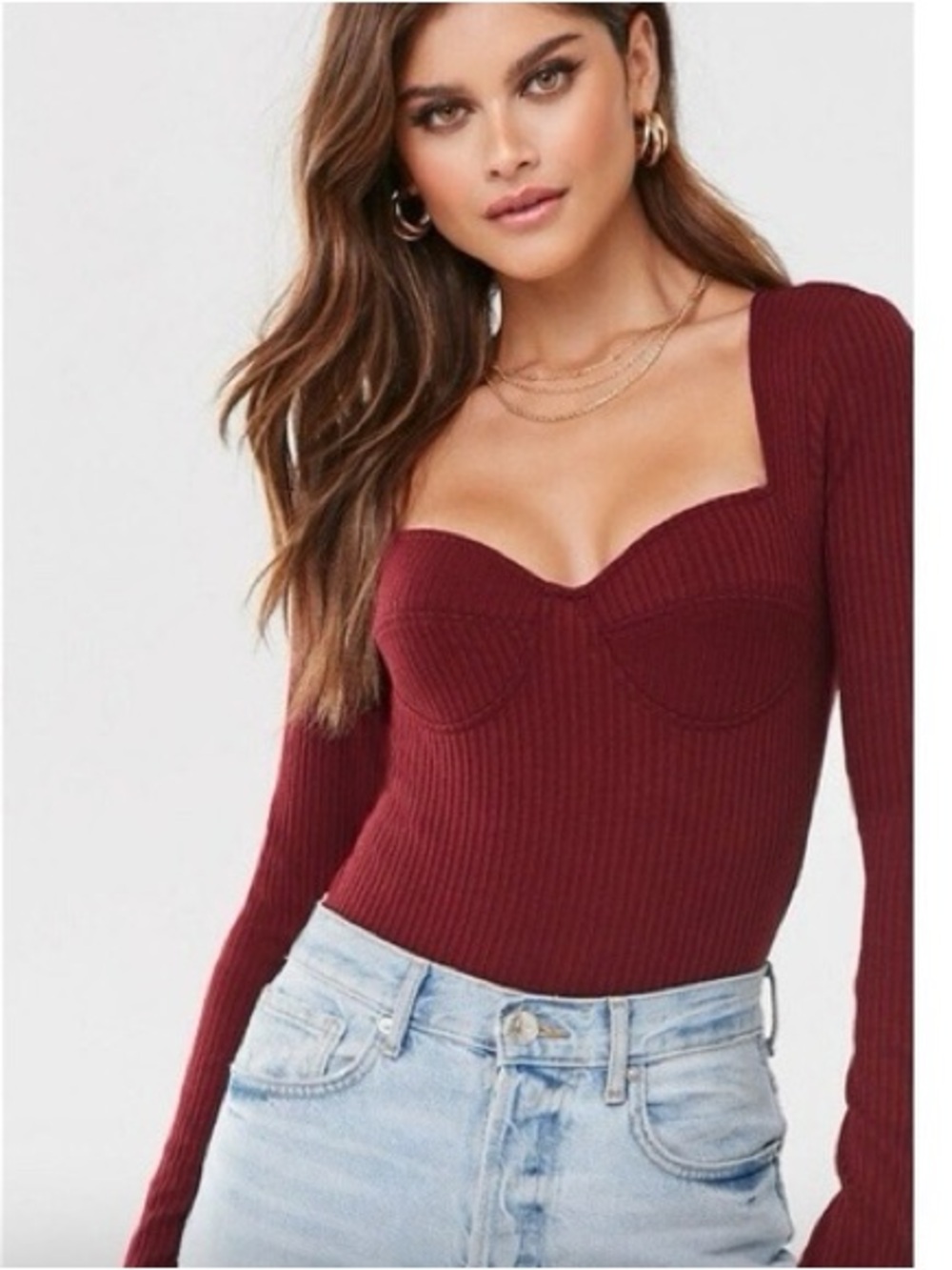 Forever 21 Ribbed Long Sleeve Bodysuit - Burgundy
